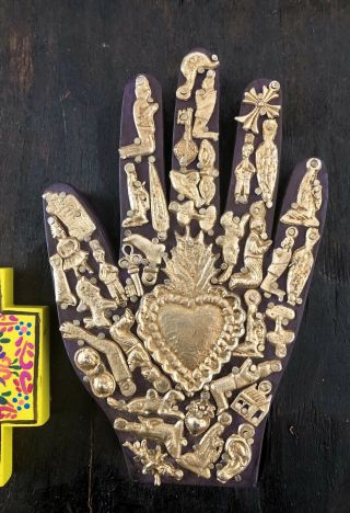 MILAGROS HAND,  Sacred Heart Wood Cross Set,  Mexican Folk Art,  Ex Votos Heart 4