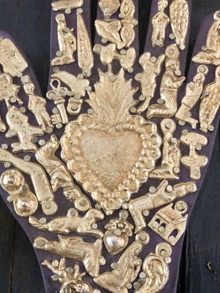 MILAGROS HAND,  Sacred Heart Wood Cross Set,  Mexican Folk Art,  Ex Votos Heart 5