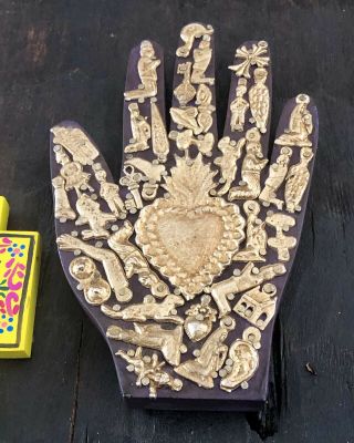 MILAGROS HAND,  Sacred Heart Wood Cross Set,  Mexican Folk Art,  Ex Votos Heart 6