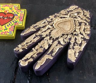 MILAGROS HAND,  Sacred Heart Wood Cross Set,  Mexican Folk Art,  Ex Votos Heart 7