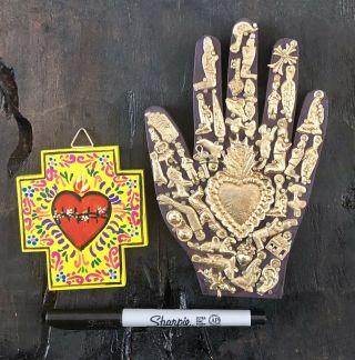 MILAGROS HAND,  Sacred Heart Wood Cross Set,  Mexican Folk Art,  Ex Votos Heart 8