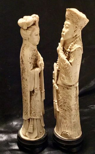 Chinese Carved Ivory Scrimshaw Poly Resin Emporer & Emperess 10” Figurines