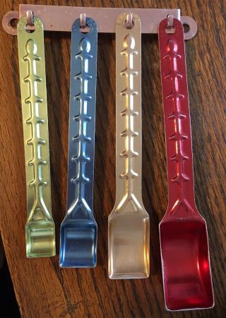 Vintage 1950s Colored Aluminum Metal Measuring Spoon Set With Wall Hanger