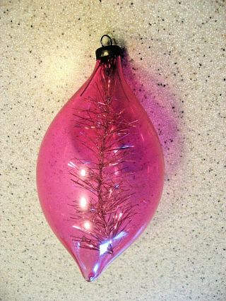 Vintage Unsilvered Pink Glass Christmas Ornament With Silver Garland - 4 " T X 2 " W