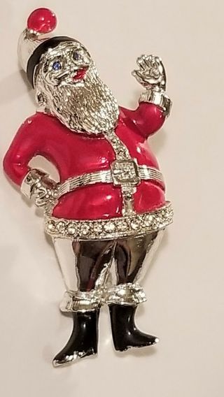 Red Enamel Santa Clause Christmas Pin Sarah Coventry Santa Pin Rhinestones 2 "