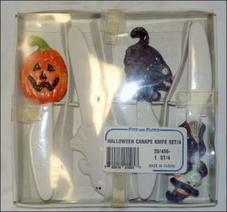 Fitz & Floyd Spreaders Cat Witch Pumpkin Ghost Halloween Canape Knife Set