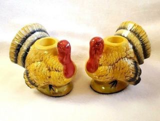 Vintage Turkey Candle Holders Thanksgiving Ceramic Green Felt Bottoms Set Of 2