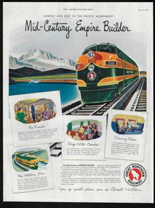 1951 Vintage Print Ad 50s Great Northern Railway Train Illustration Art Mountain