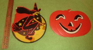 2 Antique Halloween Witch & Jack O Lantern Die - Cuts H.  E.  Luhrs Primitive Rare