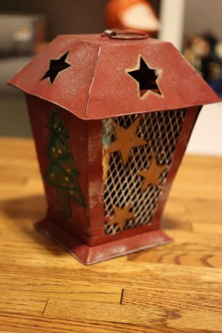 Metal Lantern Christmas Candle Carrier Holder Holiday Decor With Stars And Trees