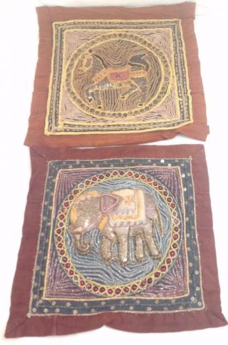 Kalaga Burmese Hand Embroidered Sequined Elephant 11 " And Horse.  12 " Square