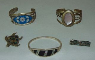 Vintage Mexico Alpaca Siver Jewelry Turtle Pin Bracelets Tie Clip