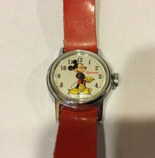 1950’s Ingersoll Mickey Mouse Watch Red Leather Band