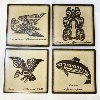 Clarence Wells Haida Art Ceramic Tile Coasters Thunderbird Eagle Bear Cub Salmon