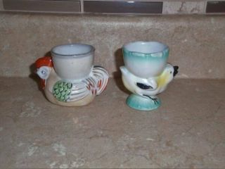 2 Vtg Ceramic Rooster Chicken Egg Cups Made In Japan & Germany Vgc