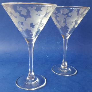 Set Of 2 Disney Mickey Mouse Ears Etched? Logos 7 " Tall Martini Cocktail Glasses