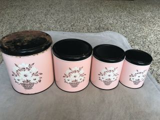 Vintage Mid - Century 4 Pc.  Canister Set Pink And Black Floral Decorware Usa
