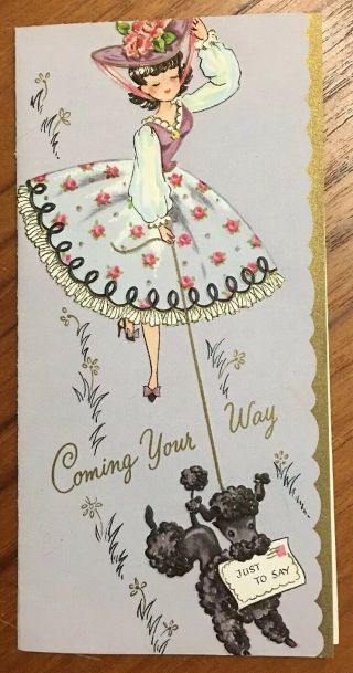 Vintage Mid Century Black Poodle Woman In Hat Retro Greeting Card