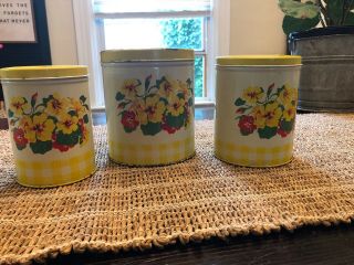 Set Of 3 Vintage Mid - Century Yellow Floral And Checked Metal Canister Set
