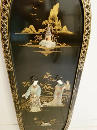 Vintage Black Lacquer Asian Oriental Wall Plaque Picture Art Mother of Pearl 3