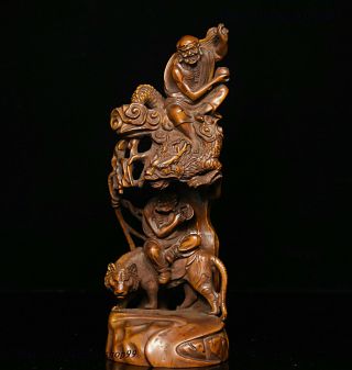 7 " Collect Chinese Buddhism Boxwood Wood Subdue Draogn Tiger Arhat Buddha Statue