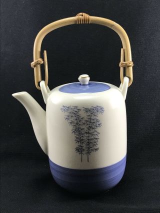 Tc4 Japanese Blue & White Bamboo Glaze Teapot Tea Pot Signed Wood Handle