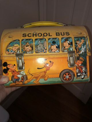Disney Mickey Mouse Vintage Metal Lunch Box Pail School Bus Wagon