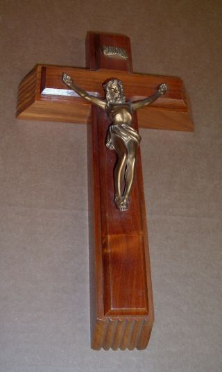 Wood Crucifix & Candles Motive Holy Water Bottle Catholic Vintage