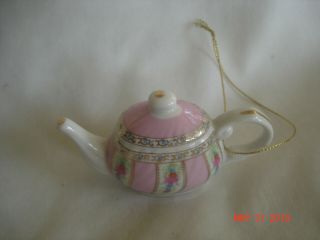 Delightful Vtg.  Pink & White Miniature Tea Pot Ceramic Ornament W/ Floral Design