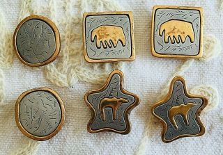 6 Vintage Pewter And Gold - Tone Metal Animal Southwestern Style Button Covers