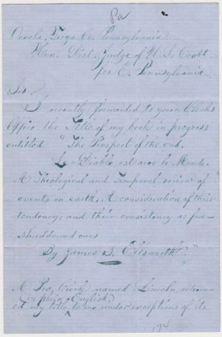 1864 Osceola Pa Letter From An Author Trying To Get Copyright - A Bit Paranoid