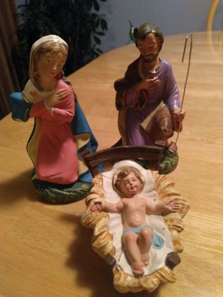 Vintage Nativity Papermache Composite Mary,  Joseph And Infant.  Large 6in.  1940s