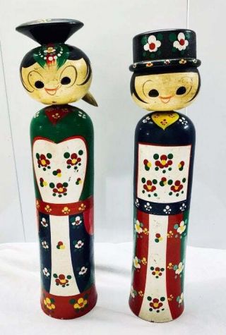 2 Vintage Tall Japanese Wood Kokeshi Doll Fig Bobble Head Wooden Hand Painted