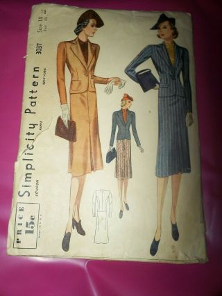 Vtg Skirt Suit Ww2 Sewing Pattern 30s 40s Simplicity 3037 Sz 18 - 36 (modern S)