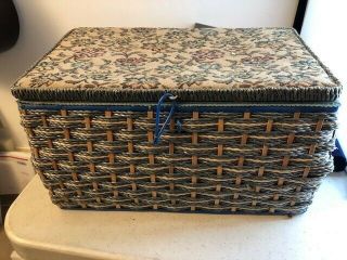 Sewing Basket Vintage Estate Wicker Handled Box Storage Full Sewing Notions 612