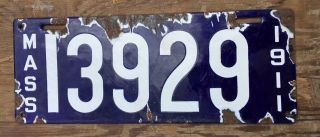 1911 Massachusetts License Plate 13929 Porcelain Mass