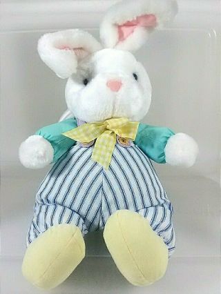 Hallmark Plush Bunny Rabbit 17 " White& Pink Stuffed Animal In Striped Overalls