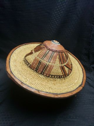 Vintage African Hat Woven Straw Leather Conical Rice Paddy Farmer Coolie Hat