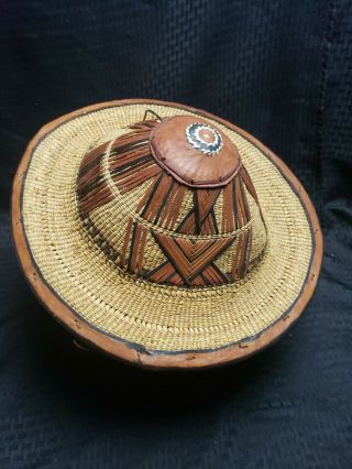 VINTAGE AFRICAN HAT WOVEN STRAW LEATHER CONICAL RICE PADDY FARMER COOLIE HAT 2