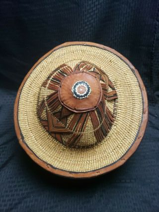 VINTAGE AFRICAN HAT WOVEN STRAW LEATHER CONICAL RICE PADDY FARMER COOLIE HAT 3