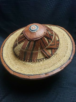 VINTAGE AFRICAN HAT WOVEN STRAW LEATHER CONICAL RICE PADDY FARMER COOLIE HAT 4