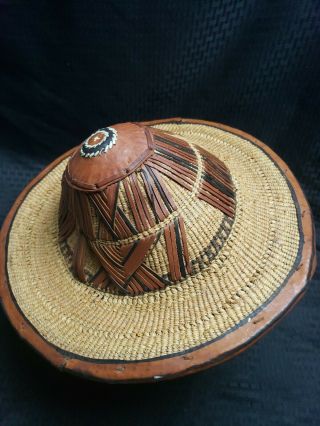 VINTAGE AFRICAN HAT WOVEN STRAW LEATHER CONICAL RICE PADDY FARMER COOLIE HAT 5