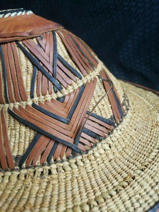 VINTAGE AFRICAN HAT WOVEN STRAW LEATHER CONICAL RICE PADDY FARMER COOLIE HAT 6