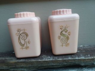 Vintage Midcentry Lustro Ware Salt And Pepper Shaker Set Pink W/ Gold Accents