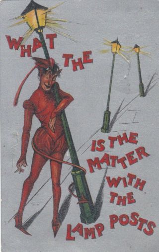 Antique 1900s Halloween Truck Postcard Red Lady Devil Street Light Post