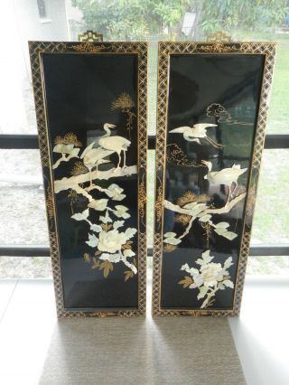 Vintage Asian Wall Panels Black Lacquer Mother Of Pearl Shell Bird Art 28 " X10 "