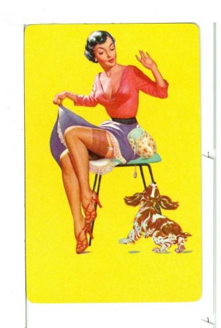 Single Playing Card Pin Up " Girl With Dog " Yellow Bkgd
