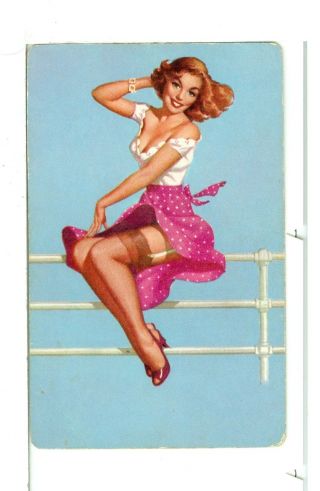Single Playing Card Pin Up " Girl On Fence " Blue Bkgd