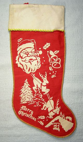 Vintage Red Flannel Christmas Stocking - Stenciled Santa & Reindeer