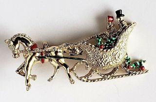 Vintage Signed Gerry’s Christmas Horse - Drawn Sleigh Brooch Pin